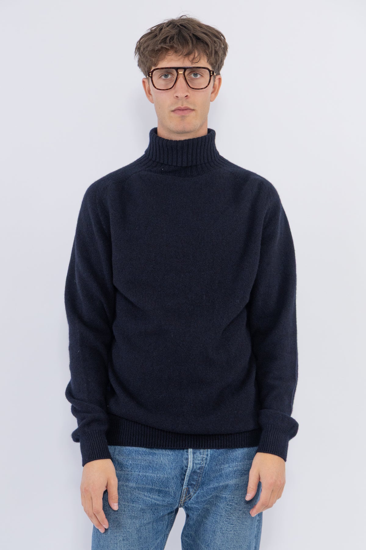 Roll Neck Sweater, Dark Navy Mouline