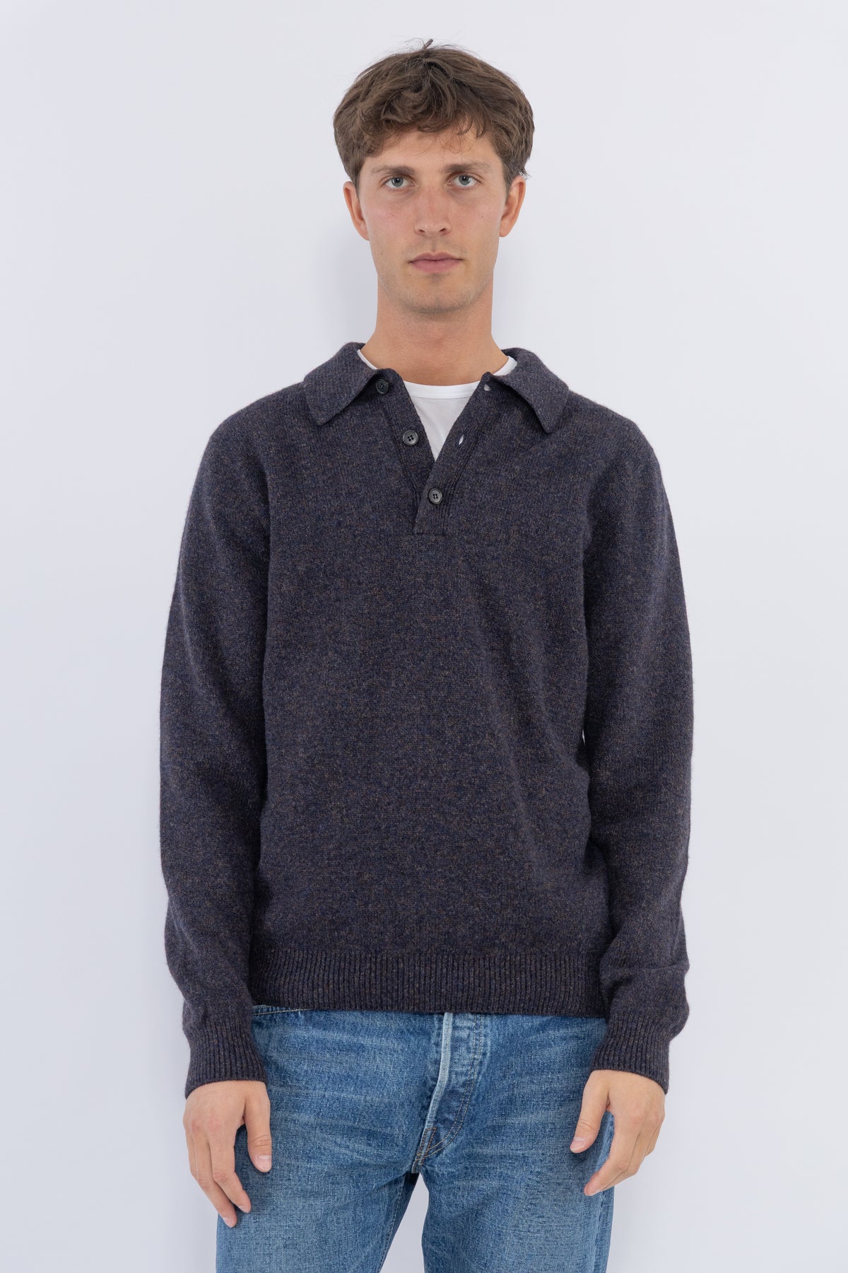 Lambswool Polo Shirt, Midnight Navy Twist