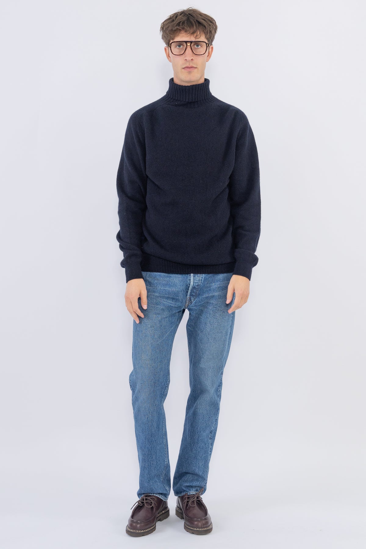 Roll Neck Sweater, Dark Navy Mouline
