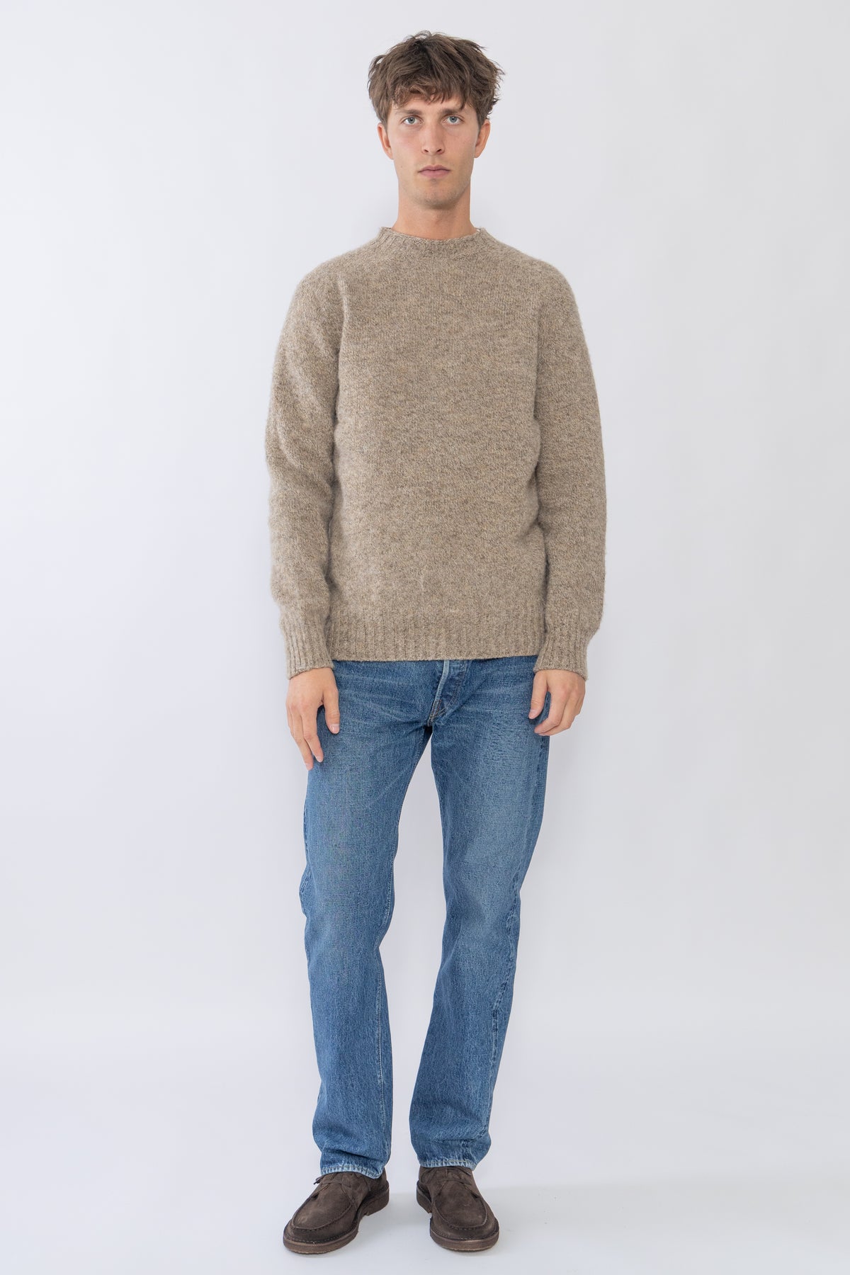 Brushed Shetland Crew Neck, Oatmeal Melange