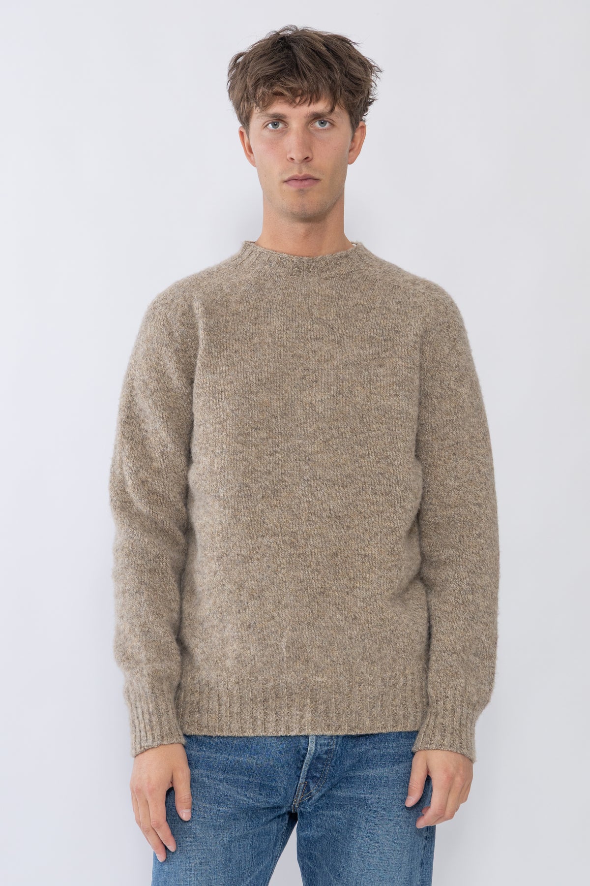 Brushed Shetland Crew Neck, Oatmeal Melange